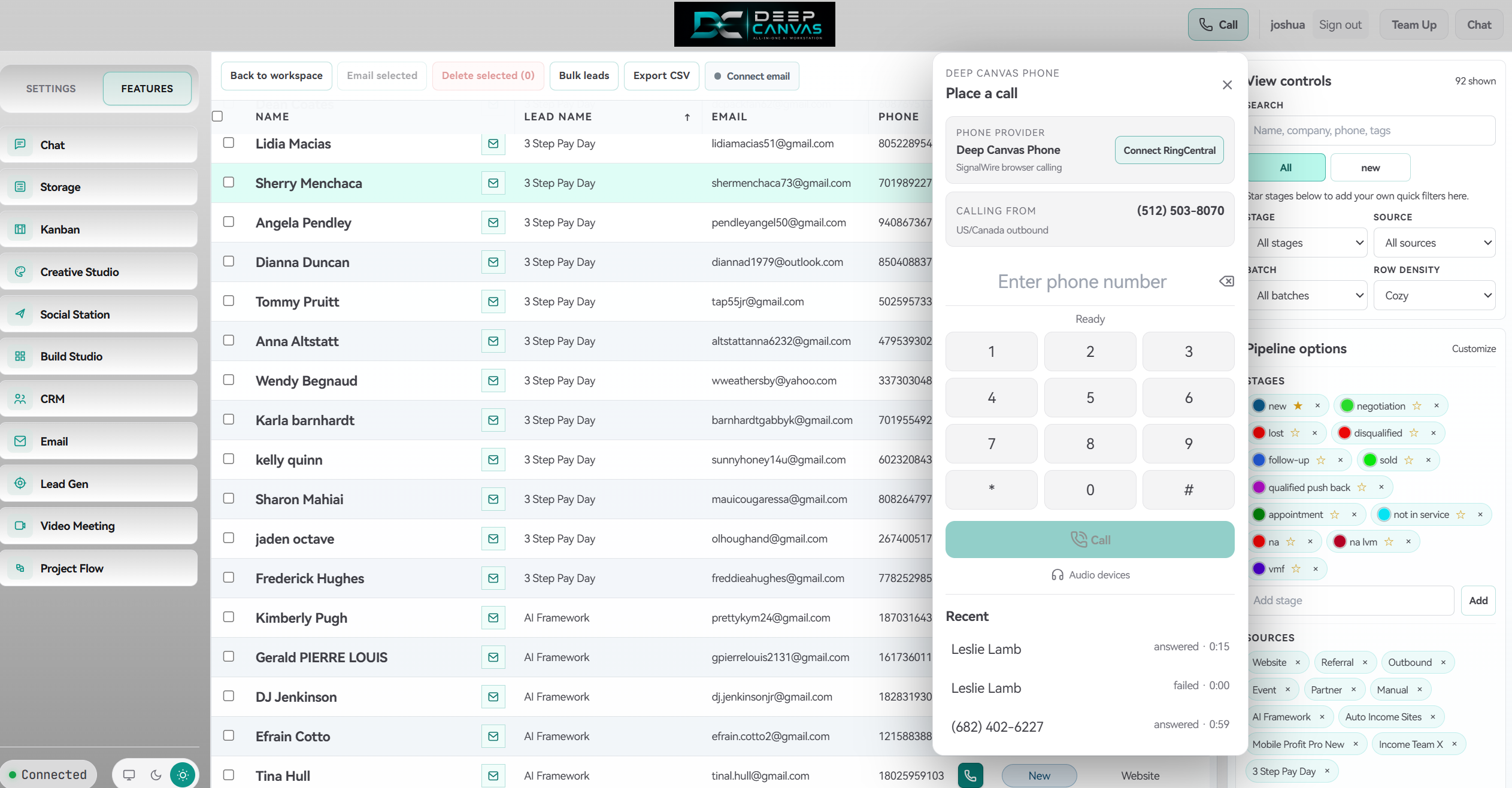 Deep Canvas CRM workspace